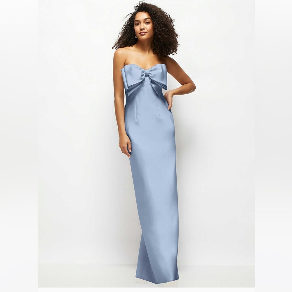 Dessy Group Strapless Satin Column Maxi Dress With Oversized Bow in Cloudy 00